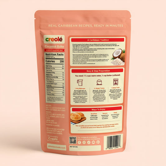 Back label of large Creolè Coconut Bread Mix package