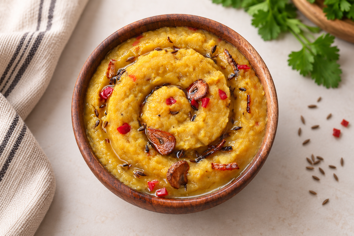 A top-down view of a wooden bowl filled with a thick, yellow-orange curry or chutney, swirled with oil and garnished with red chili flakes, dried red chilies, and cumin seeds. A striped cloth napkin is on the left, and fresh cilantro is on the right, all on a light beige surface.